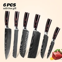 knife set kitchen damascus laser pattern 6pcs 440c stainless steel japanese chef meat cleaver santoku fish fruit bread knives