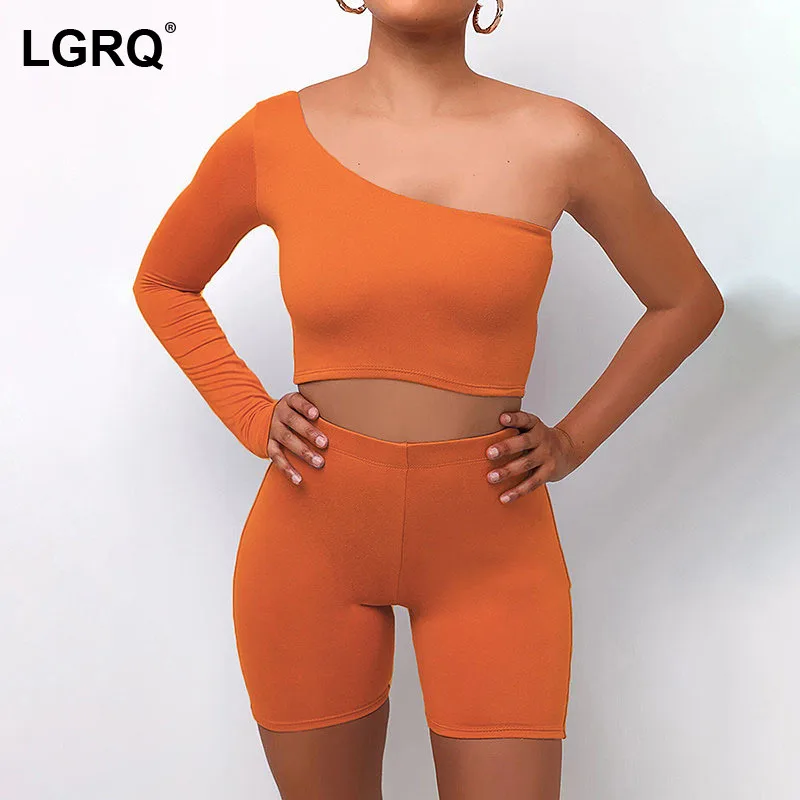 

[LGRQ] Wide Leg One Shoulder Shorts Two Piece Suit New Skew Neck Long Sleeve Fit Women Fashion Tide Autumn Winter 2021 19D2374