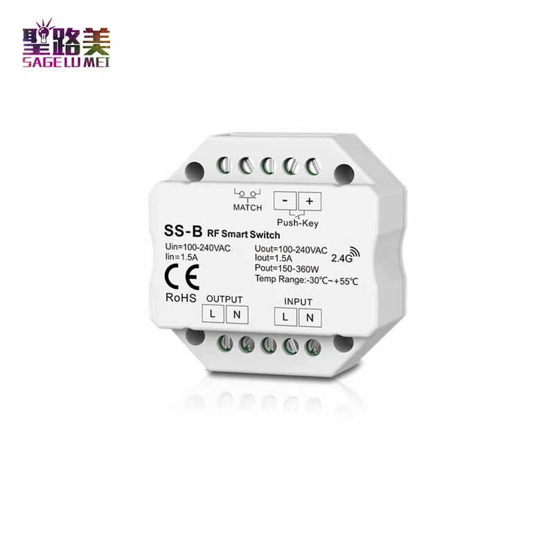 

SS-B AC100-240V 2,4G RF Smart AC Switch & Push Switch релейный выход Push on off MAX 1.5A 150-360w для одноцветных светодиодный ламп