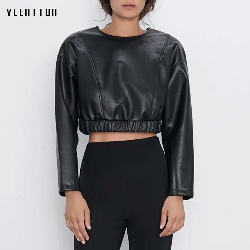 Женская короткая блузка из искусственной кожи однотонная черная с круглым