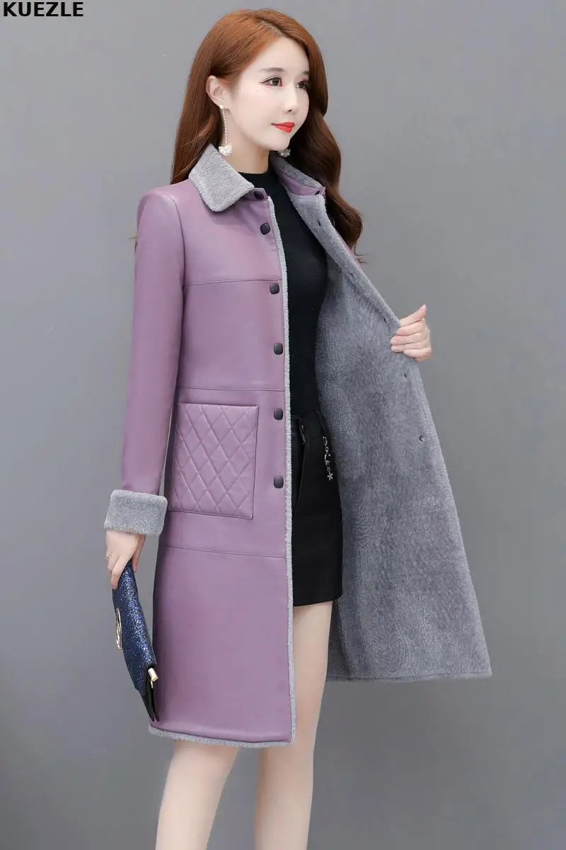

Autumn and winter fashion PU leather jacket women 2020 fashion plus velvet Maxi fur jiackets casual coats faux leather Vrouwen