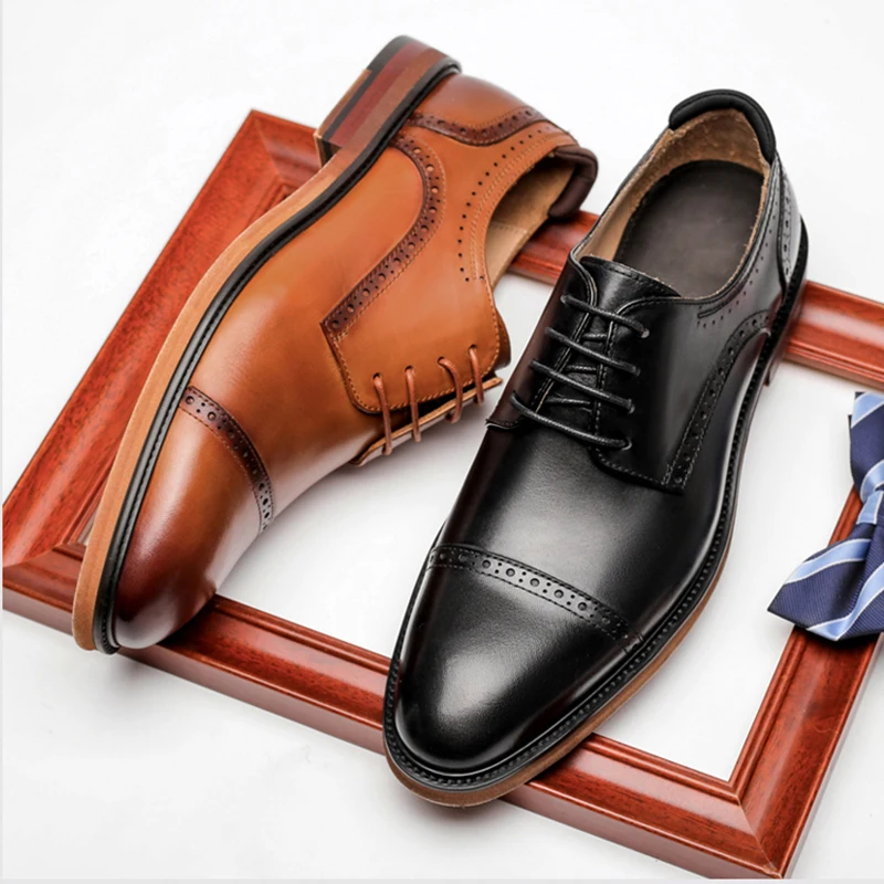 

Phenkang Men Genuine Wingtip Leather Oxford Shoes Pointed Toe Lace-Up Oxfords Dress Brogues Wedding Business Platform Derby