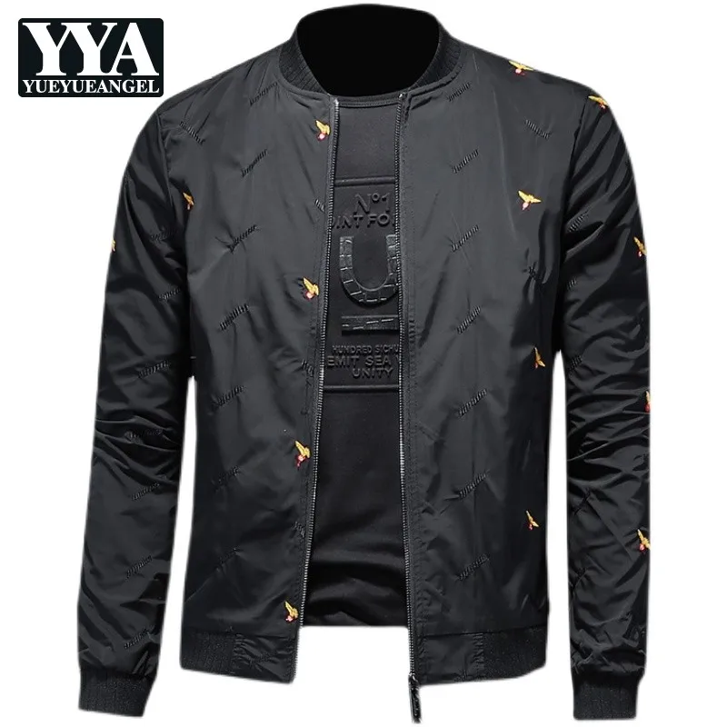 

Мужская куртка на молнии, с воротником-стойкой и вышивкой, черная Повседневная приталенная куртка с длинными рукавами, верхняя одежда в Кор...