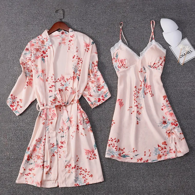 

FEMALE Sexy Print Flower Kimono Bathrobe Gown 2PCS Robe Set Satin Intimate Lingerie Lace Sleepwear Summer New Nightwear