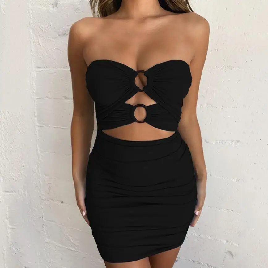 

Beauty Fashion Nightclub Sexy Wrapped Chest Hollow Folds Slim Skinny Hip Bottoming One-piece Short Skirt