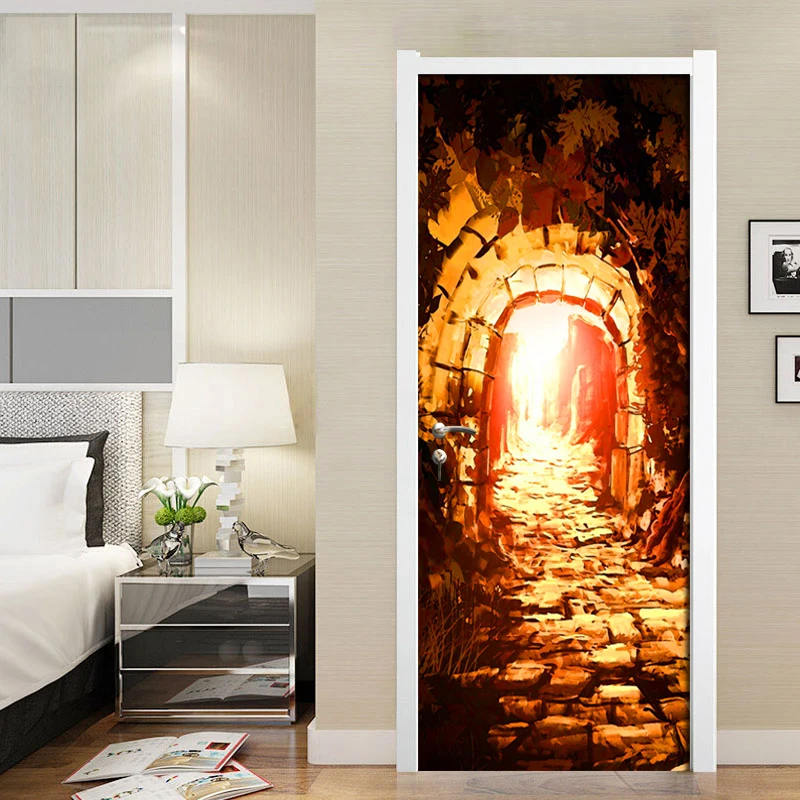 Наклейка на дверь картина маслом водостойкая пещера гостиная обои для двери