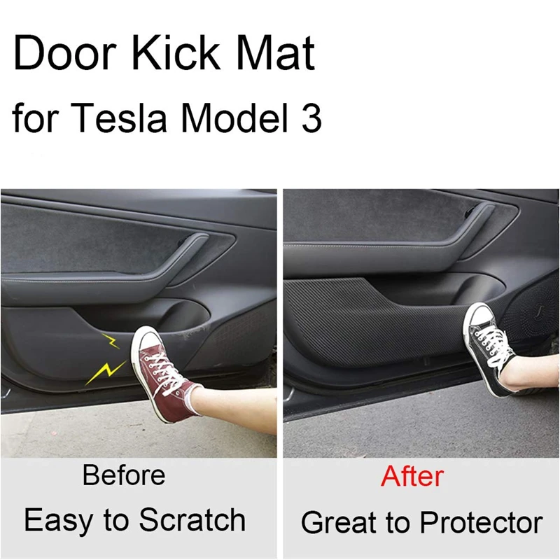 

For Tesla Model 3 Door Anti-Kick Mat Leather Carbon Fiber Protector(4 Pcs/Set)Car Interior Accessories