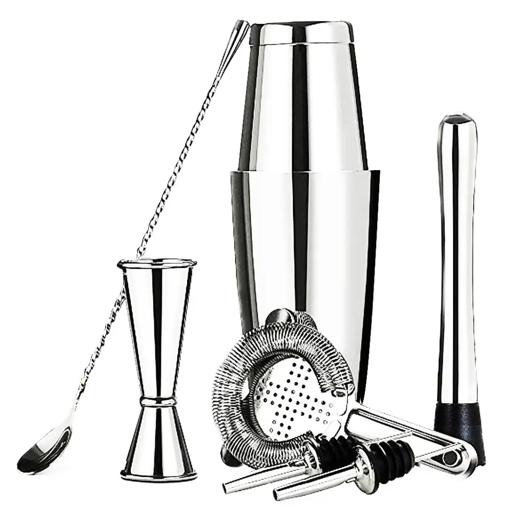 Silver 8pcs Шейкер 28 унций 304 нержавеющая сталь медный комплект с Бостонским шейкером для бармена комплект из 8 штук - Цвет: Silver 8pcs