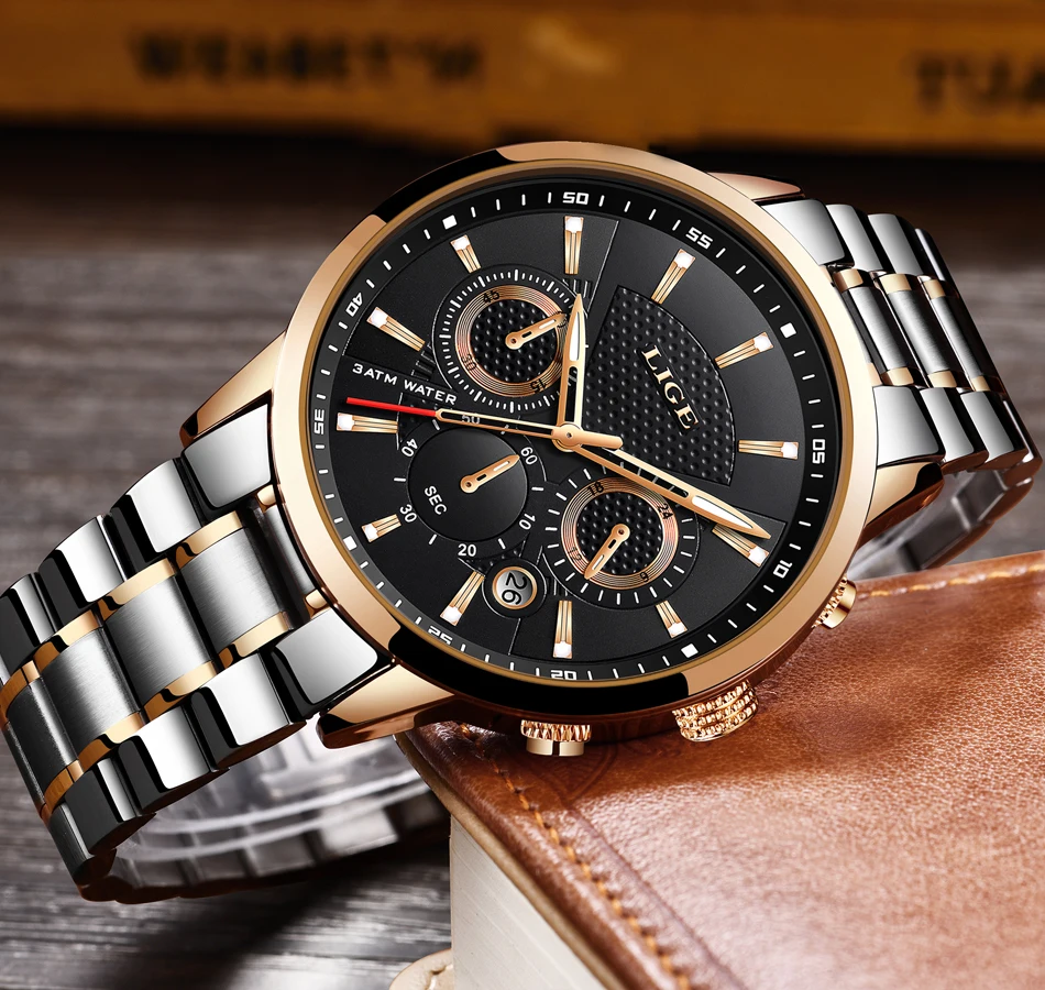 Reloj hombre модные золотые мужские часы lige top класса люкс Бизнес Нержавеющая сталь Водонепроницаемый кварцевые часы Для мужчин, спортивные часы