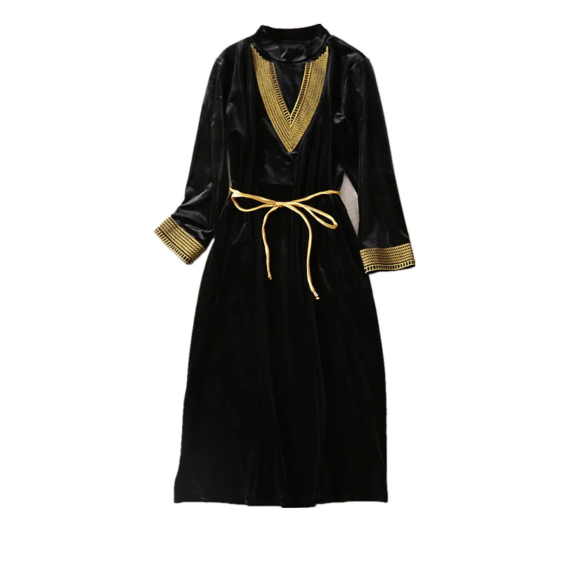 

Autumn 2020 New Women's Dress Velvet Retro Stand Collar Embroidery Slim Fit Medium Length Belt Noble Temperament Elegant