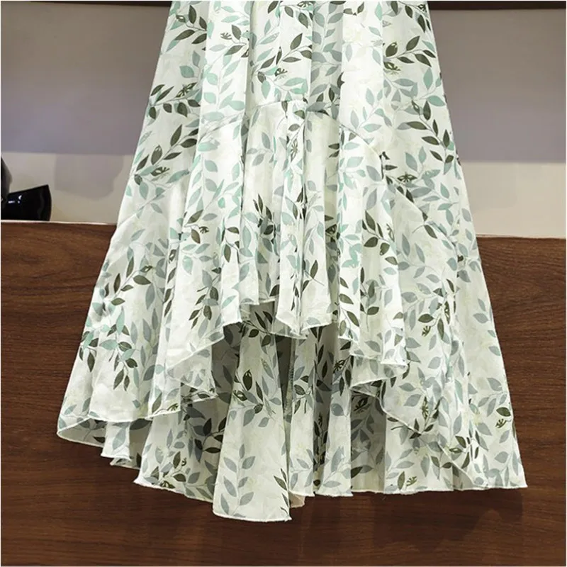 

2020 fashion plus size 5XL summer women's chiffon dress print short sleeve ruffled dress elegant Irregular fishtail dress G1006
