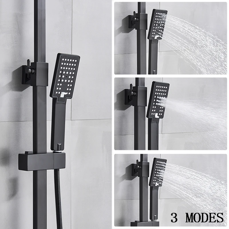 Black Thermostatic Bathroom Shower Faucet Set Rainfall 8 inch Shower Head High Quality Shower Crane Brass tub spout Mixer Taps
