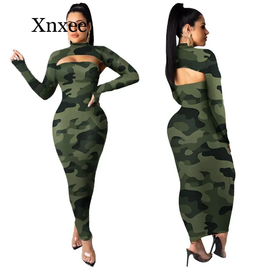 

new Sexy Camo Leopard Two Piece Set Women Fall Rave Festival Clothing Crop Top and Maxi Dress 2 Piece Birthday Club Outfits