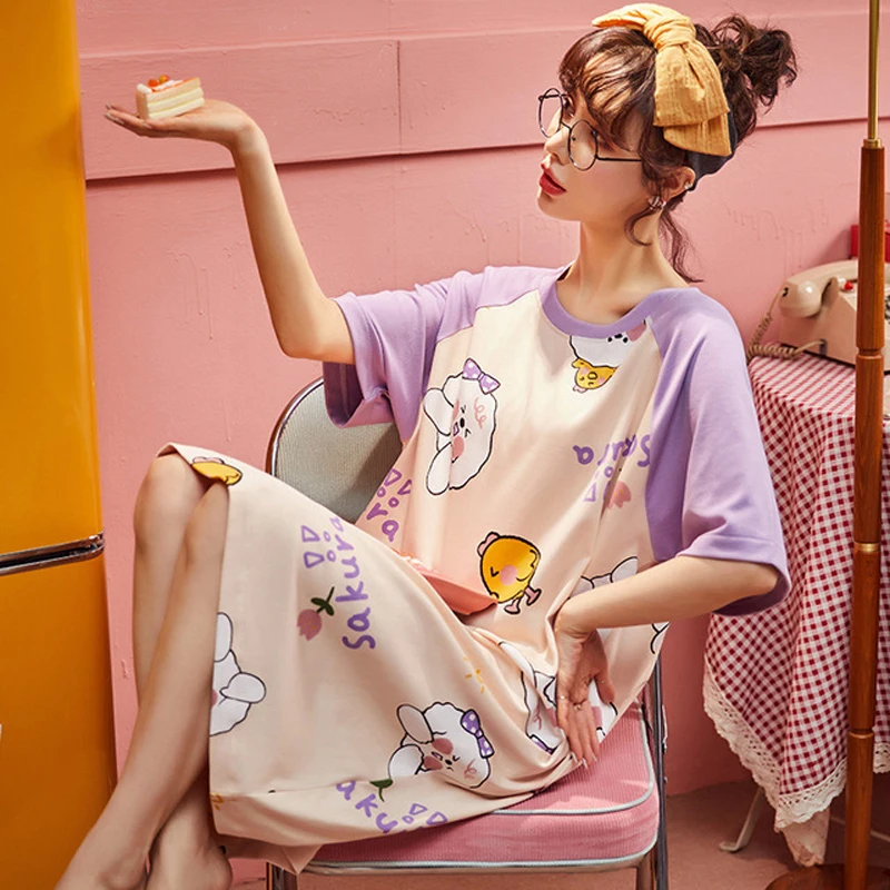 

Women Summer Nightdress Nighgrown Cartoon Sweet Soft Female Nightskirt Sleepwear Cute Loose Homewear Night Dress Pyjamas