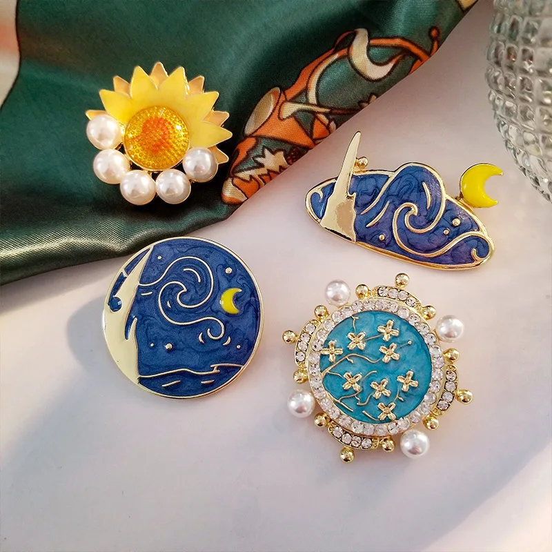 

1PC Vintage Geometric Round Blue Dripping Glaze Metal Pin Starry Sunflower Pearl Hollow Castle Lapel Brooch For Women Jewelry