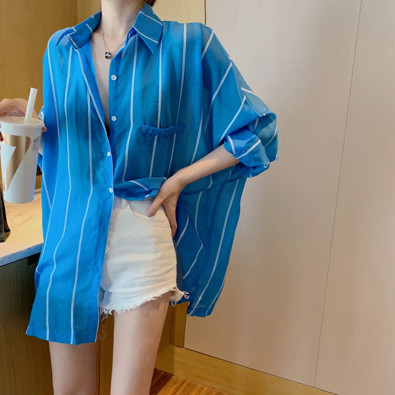 

Korejepo Women Blouse 2021 Summer Korean Chic Retro Blue Striped Turn-down Collar Long Sleeve Shirt Loose Sunscreen Female Tops
