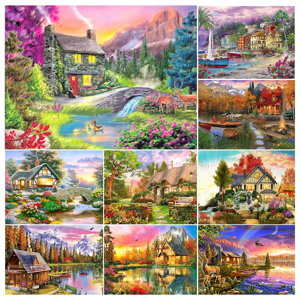 

Full Drill Art Painting Landscape House 5D DIY Diamond Embroidery Mosaic Handmade Hobby Cross Stitch Tools Kits Home Decor Mural