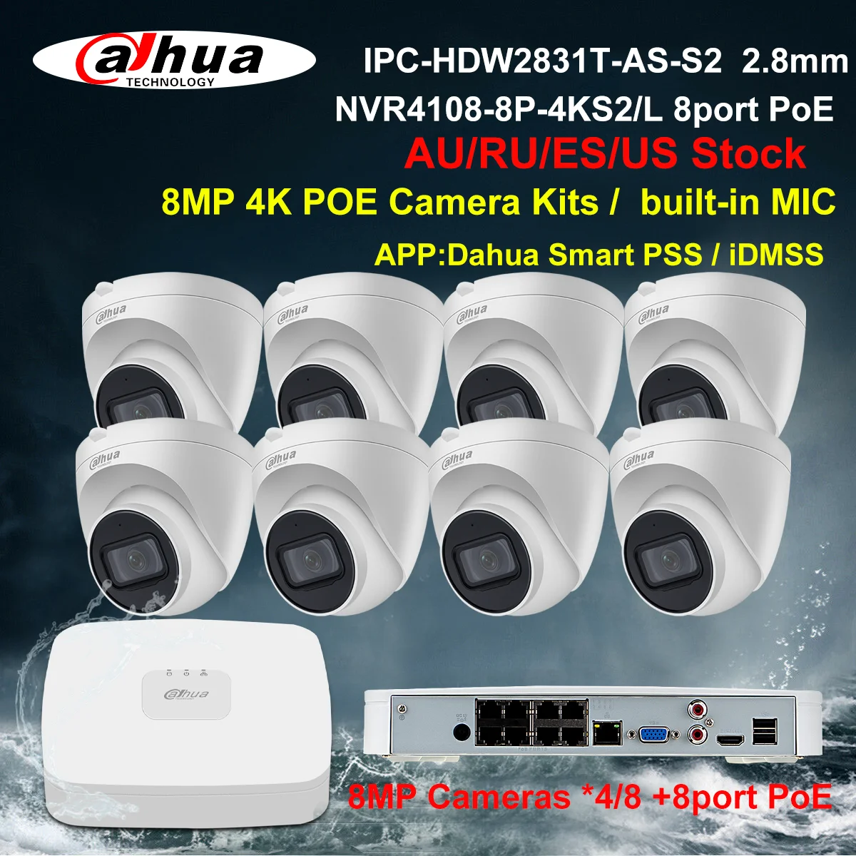 Dahua Security IP Camera System 8MP 4K PoE CCTV Kit IPC-HDW2831T-AS-S2 NVR4108-8P-4KS2 8CH NVR Recorder 4/8 Cameras built-in MIC |