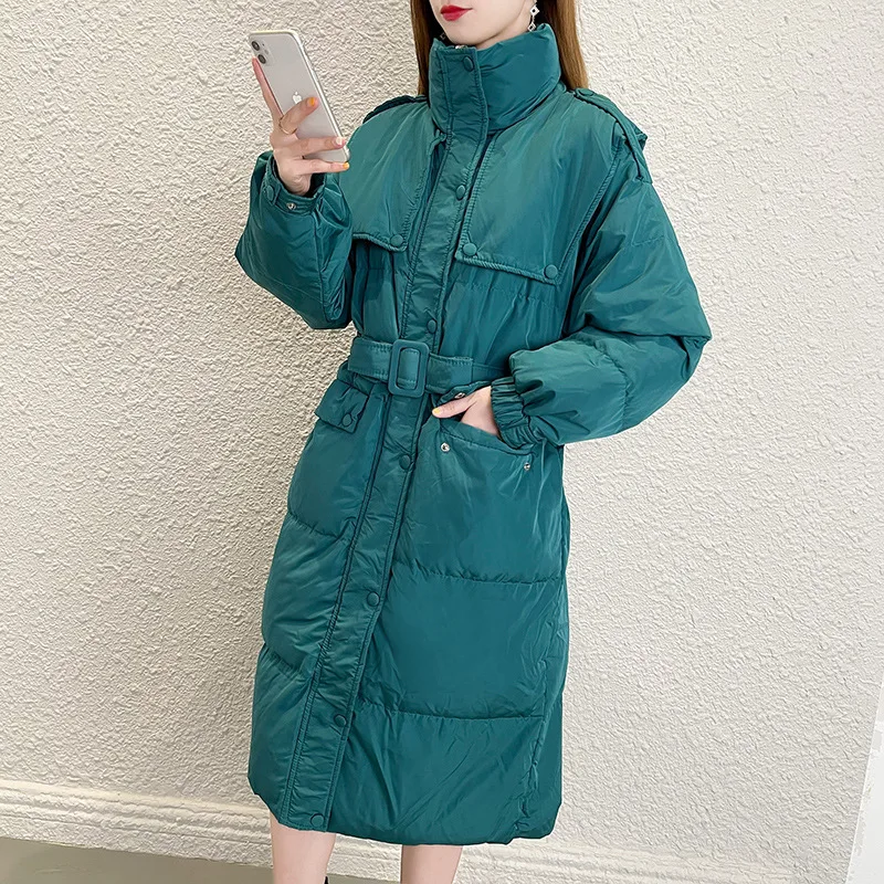 White Duck Down Jacket Women Belt Stand-up Thick Down Outwear Pocket Warm Long Overcoat Female 2022 New Winter Fashion Down Coat