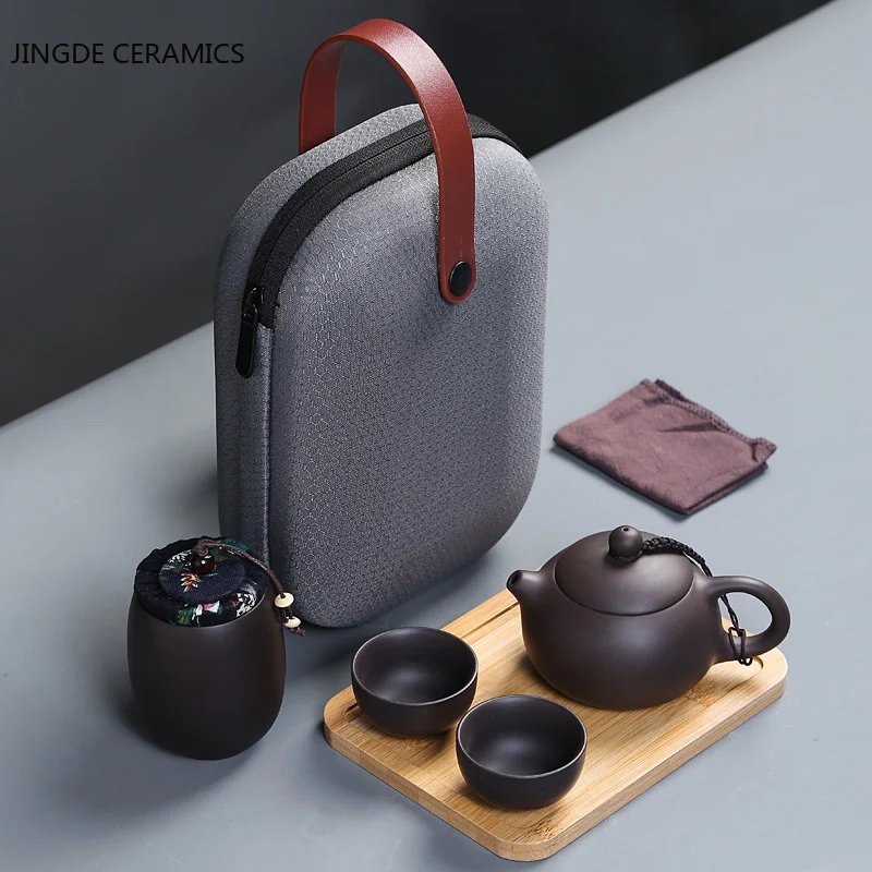 

4pcs Travel Portable Tea Set One Pot and Two Cups Ceramics Teaware Set Stoneware Filter Teapot Chinese Tea Ceremony Supplies