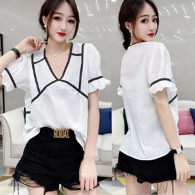 

2021 summer new fashion splicing shirt V-neck Pullover trumpet sleeve slim baby shirt