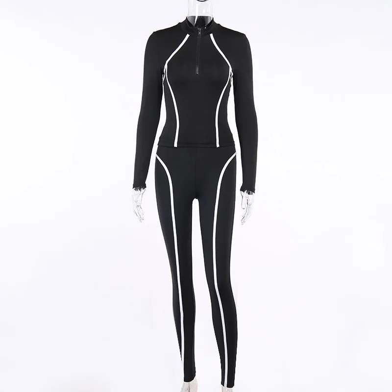 

26358P long-sleeved stitching top + long pants women street fashion tight-fitting breathable sexy yoga sports