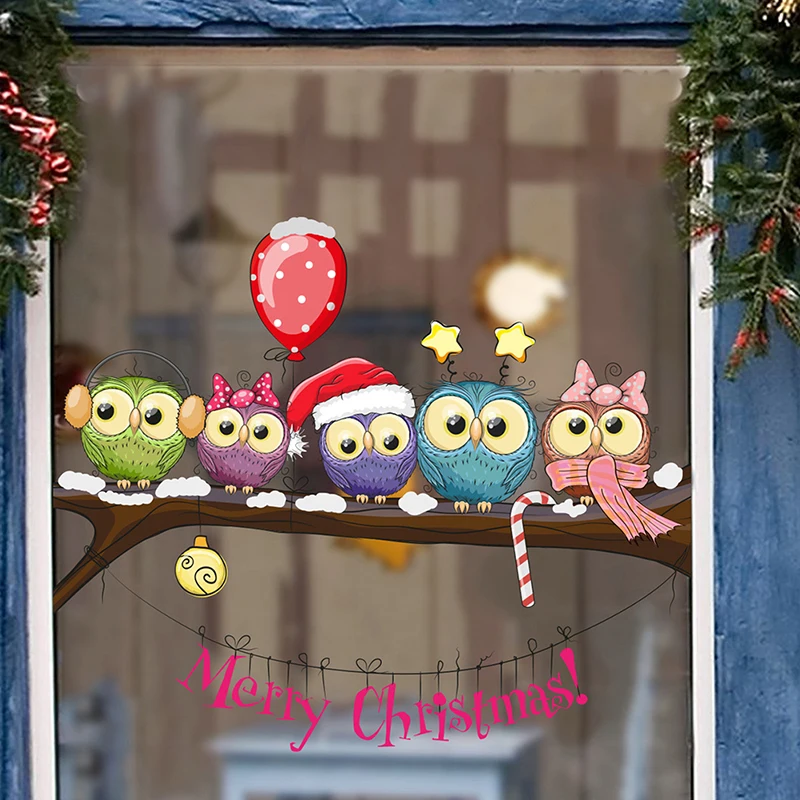 Chriatmas Window Stickers for Merry Christmas Home Decoration Christmas-dressed Owl On A Tree Branch Wall | Дом и сад