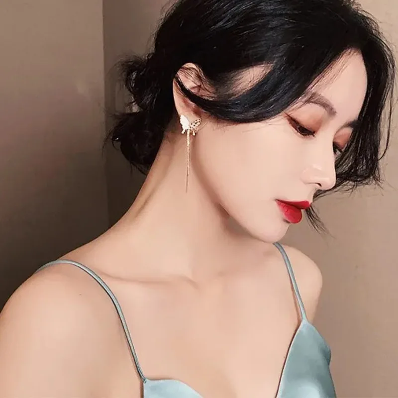 

New Fashion Shiny Butterfly Rhinestone Drop Earrings For Women Girls Korean Elegant Pearl Tassel Pendientes Wedding Jewelry Gift