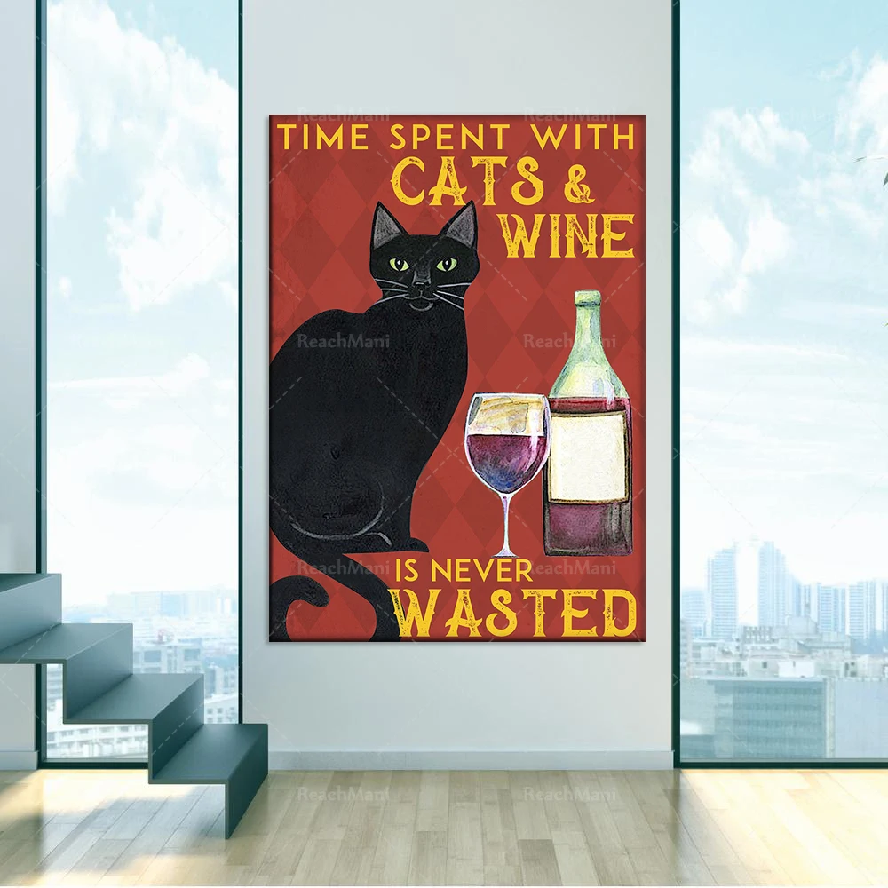 Постер для влюбленных с черной кошкой Время кошками и вином