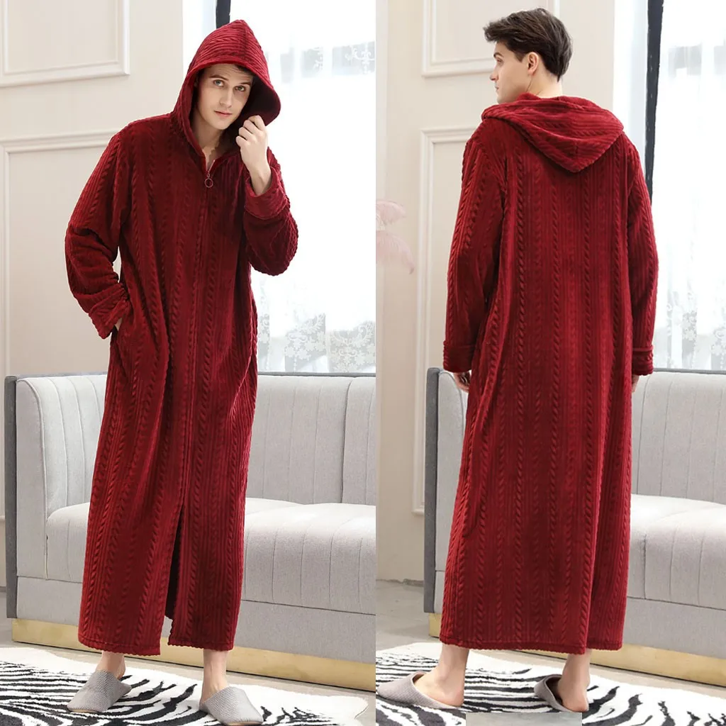 Пары для мужчин с капюшоном удлиненный халат на молнии Домашняя одежда длинными
