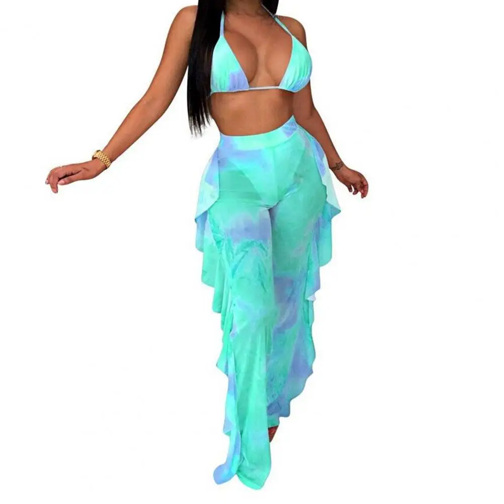 

2021 Summer Two Peice Women Tie Dye Print Ruffle Wide Leg Sexy Bra Wide Leg Pants Suit Outfit Two Piece Sets Beachwear