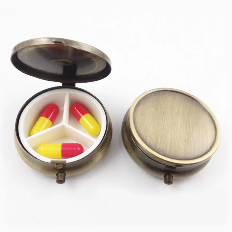 Металлический круглый античный бронзовый контейнер для таблеток с 3 отделениями