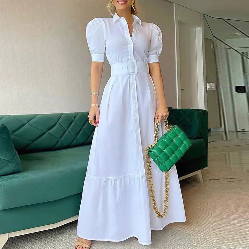 

Summer Puff Shoulder Sexy Party Dress Spring Solid Button Long Shirt Dress Women Elegant Turn-down Collar Office Lady Maxi Dress