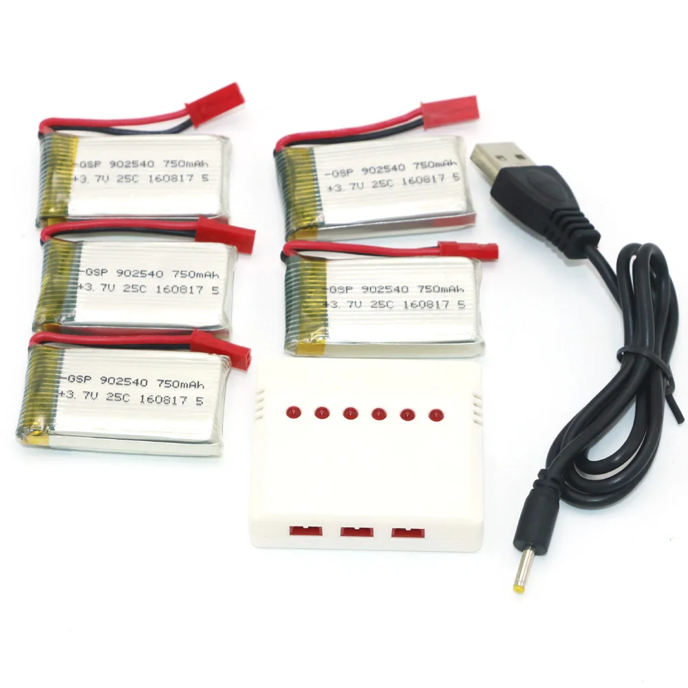 6 в 1 Lipo зарядное устройство 3 JST порт + 5 шт 7 V 750mah 25C батарея для MJX X400 X800 X300C Rc Quadcopter|3.7v