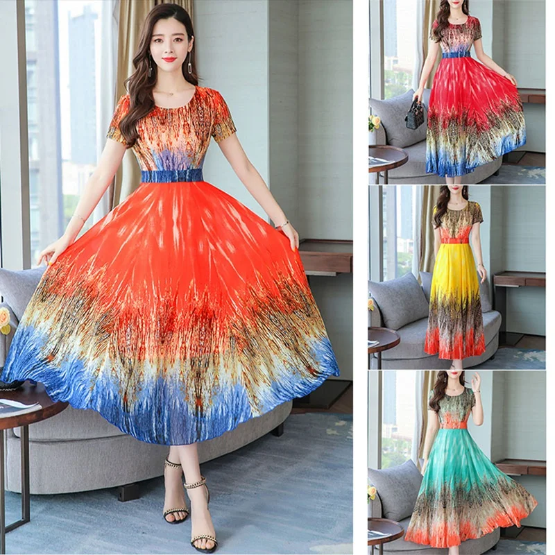 

Women's Casual Wear Waistline Loose Short Sleeve Printed Long Skirt