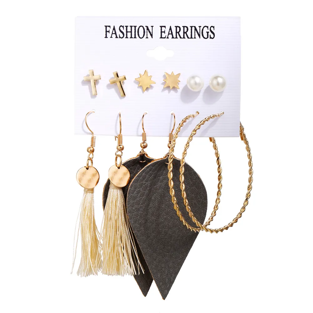 17KM Vintage Moon Pearl Stud Earrings Set For Women BOHO Tassel Geometric Heart Twist Earring New DIY Bohemian Jewelry - Окраска металла: CS5505