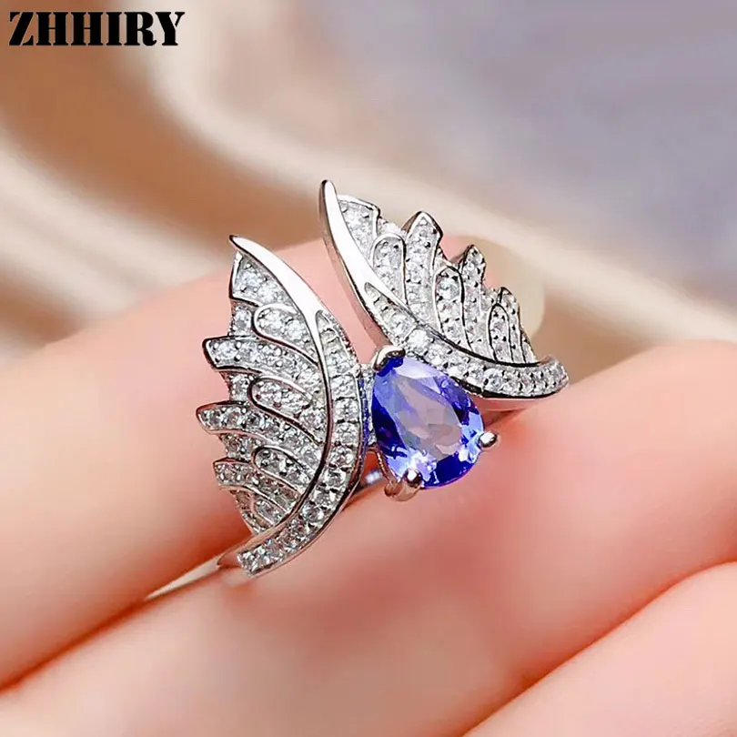 

ZHHIRY Genuine Natural Blue Tanzanite Ring Solid 925 Sterling Silver Rings For Women Real Gemstone Wing Shape Fine Jewelry
