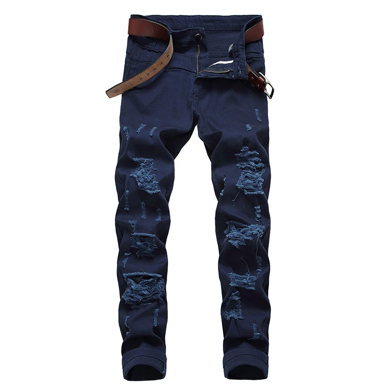 Джинсы мужские рваные прямые модные брюки из денима хлопок большие размеры |