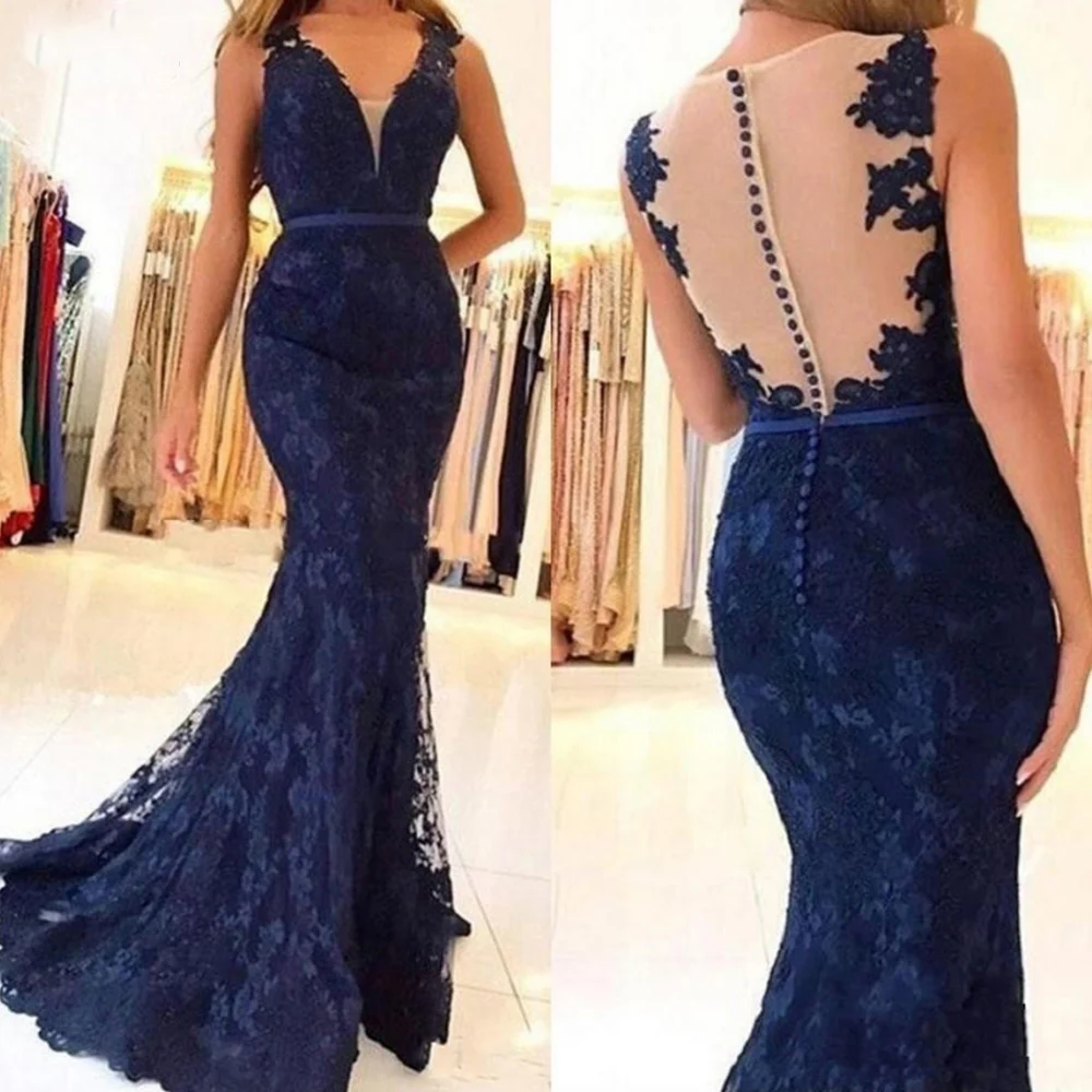 

Charming Mermaid Evening Dresses Long 2021 Women Lace Formal Prom Party Dress Backless V-Neck Plus Size Gown Vestidos De Fiesta