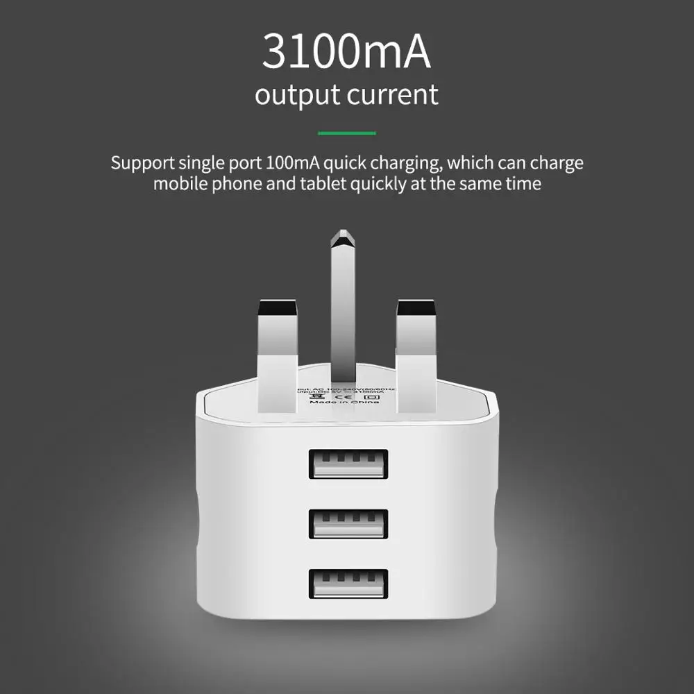 KOOYUTA Универсальный 1/2/3-Порты и разъёмы USB вилка стандарта Великобритании 3 настенное устройство адаптер с 3 Порты и разъёмы в английском стиле; для путешествий Зарядное устройство для зарядки для Iphone iPad