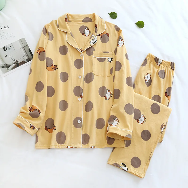 

Women Polka Dot Turn-Down Collar Cute Cartoon Cat Pajama Sets Lady Cotton Elasticity Waist Sleepwear Femme Comfort Soft Homewear
