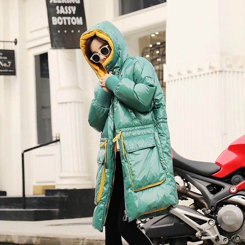 

Winter Glossy Down Coat Women Long Hooded Jacket Coat Winter Jacket Parka Womens White Duck Down Parkas Warm Thicken Down Jacket