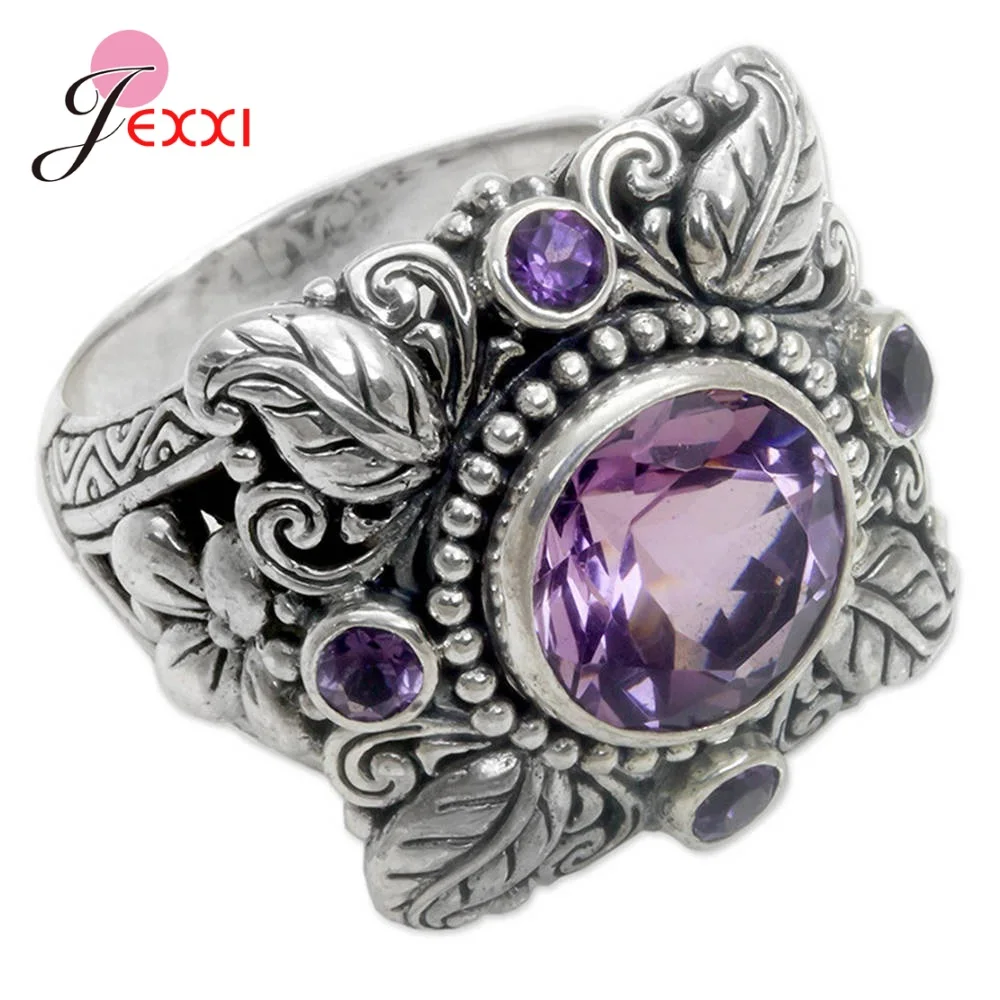 

Women Girls Europe Style Plant Pattern 925 Sterling Silver Ring for Wedding Large Purple Crystal Bezel Setting Fashion Jewelry