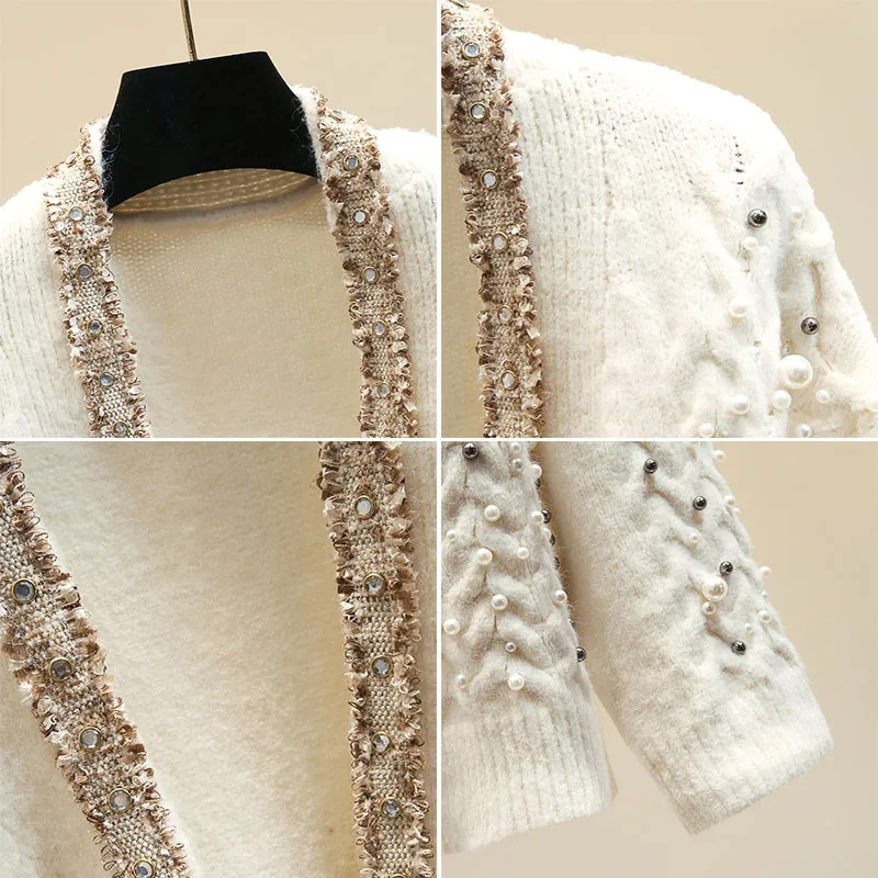 2019 Осень Зима тяжелая промышленность жемчуг твист вязаный Открытый свитер