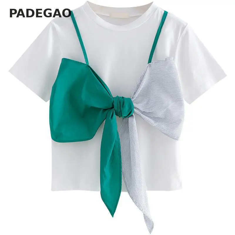 Детская футболка для девочек хлопковая в полоску с бантом стиле пэчворк белые