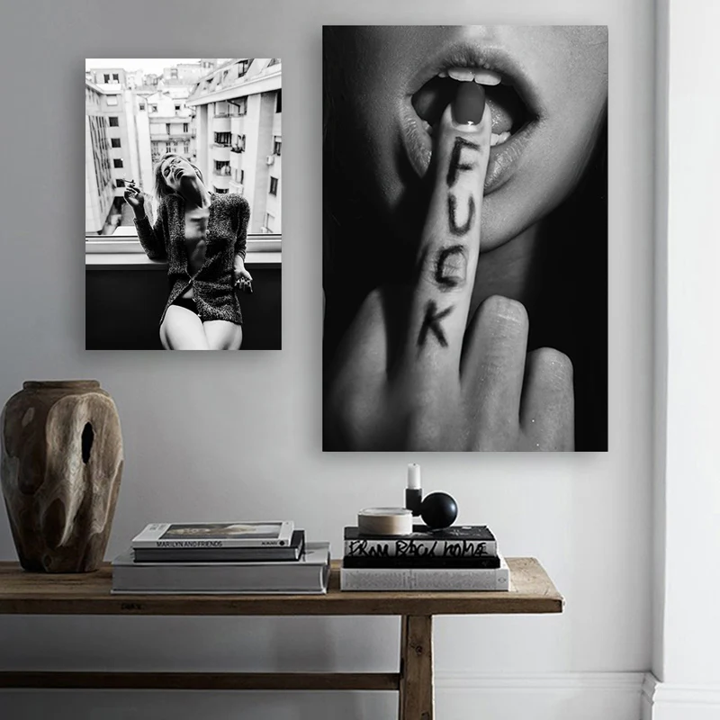 

Black White Sexy Lips Lady Wall Art Canvas Prints Poster Smoking Girl Women & Gorilla Painting Retro Photo Fashion Picture Decor