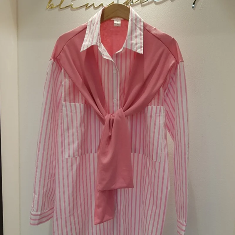 

Женская блузка в полоску, с длинным рукавом, в Корейском стиле, повседневная, свободная, LL254