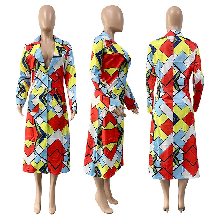 

New Arrive Women Multicolored Geometric Trench Coat Turn-Down Collar Long Sleeves Party Coat Streetwear Spring High Quality 2021