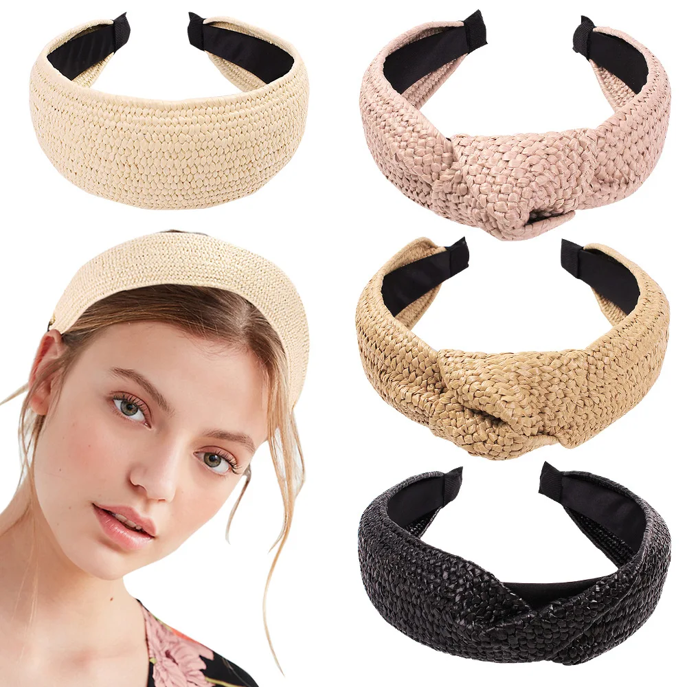 

Top Knotted Handmade Straw Weave Headband For Women Girls Hair Bands Turban Hair Hoop Bezel Female Hair Accessories