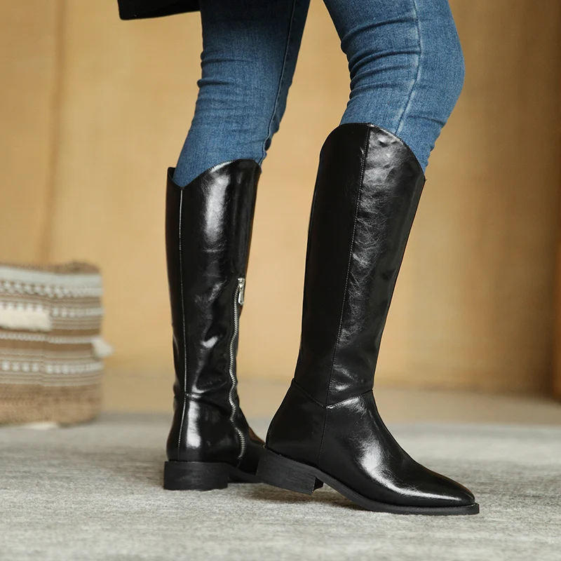 

New Winter Fashion Knee High Boots Free Shipping Genuine Leather Shoes Woman Party Thick Heels Long Shoes